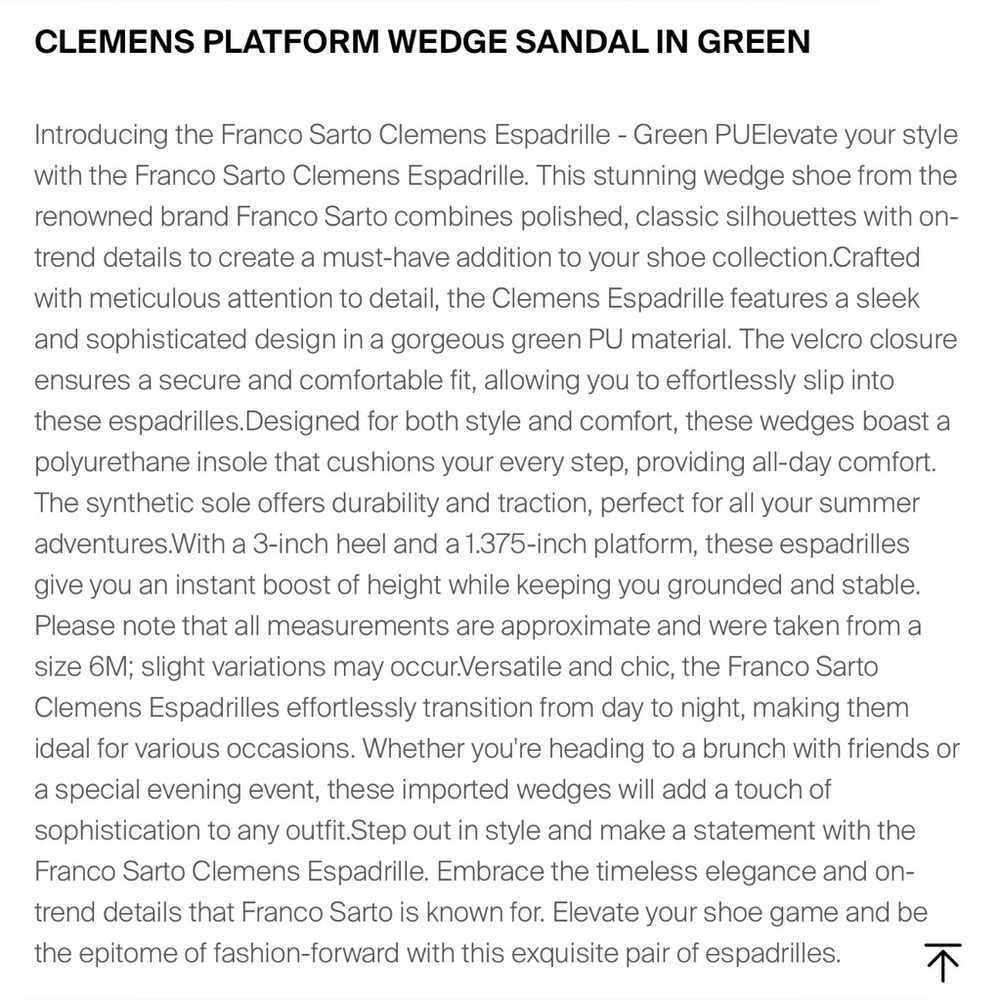 🌺NEW-𝐅𝐑𝐀𝐍𝐂𝐎 𝐒𝐀𝐑𝐓𝐎 𝐆𝐑𝐄𝐄𝐍 𝐂𝐋𝐄𝐌𝐄𝐍𝐒 𝐄𝐒𝐏𝐀𝐃𝐑𝐈𝐋𝐋𝐄 𝐖𝐄𝐃𝐆𝐄 𝐒𝐀𝐍𝐃𝐀𝐋𝐒 - Picture 7 of 7